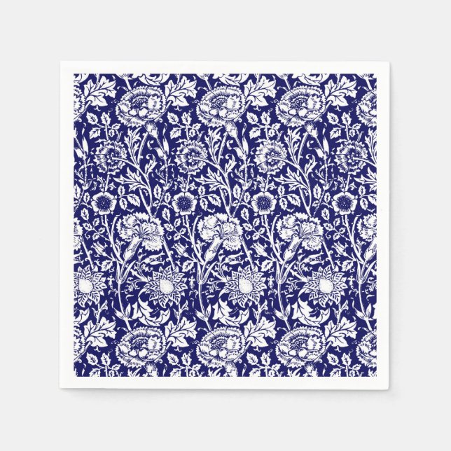 Art Nouveau Carnation Damask, Navy and White Napkin (Front)
