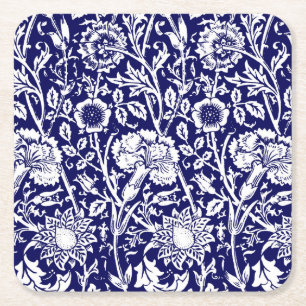 Art Nouveau Carnation Damask, Navy and White Square Paper Coaster
