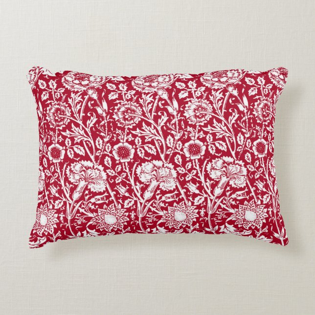 Art Nouveau Carnation Damask, Red and White Decorative Cushion (Front)