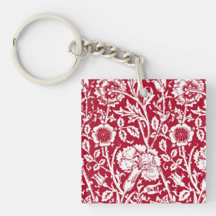 Art Nouveau Carnation Damask, Red and White Key Ring