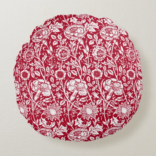 Art Nouveau Carnation Damask, Red and White Round Cushion (Front)