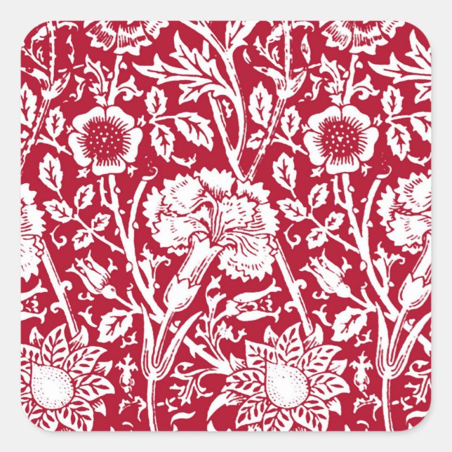 Art Nouveau Carnation Damask, Red and White Square Sticker (Front)