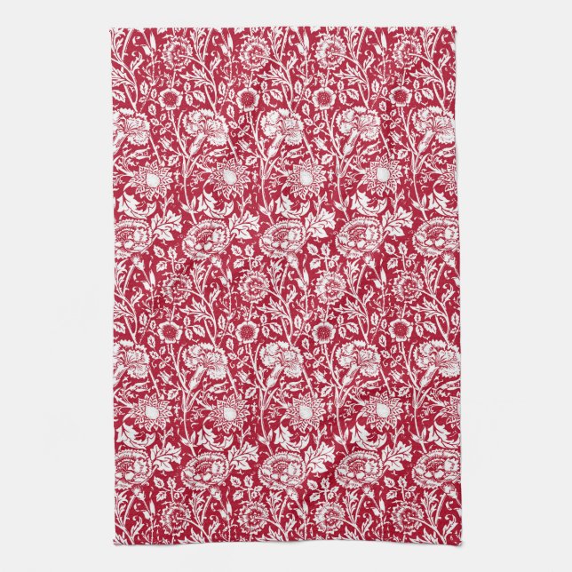 Art Nouveau Carnation Damask, Red and White Tea Towel (Vertical)