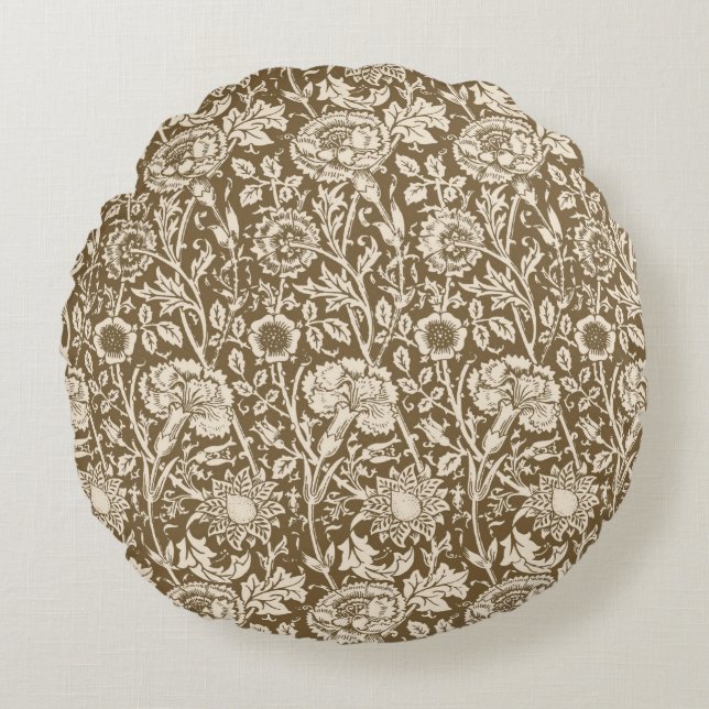 Art Nouveau Carnation Damask, Taupe and Cream Round Cushion (Front)