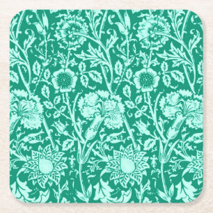 Art Nouveau Carnation Damask, Turquoise Square Paper Coaster