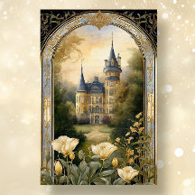 Art Nouveau Castle Floral Blue n Gold Ephemera 2B