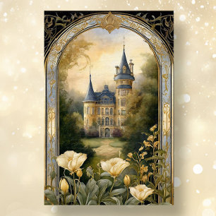 Art Nouveau Castle Floral Blue n Gold Ephemera 2B Tissue Paper