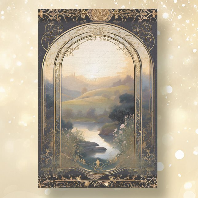 Art Nouveau Castle Lake Black n Gold Ephemera 1A Tissue Paper (Creator Uploaded)