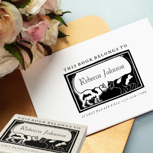 Art Nouveau Cats Book Label Rubber Stamp