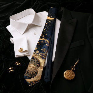 Art Nouveau Celestial Gold Sun Moon Midnight Navy Tie