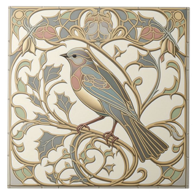 Art Nouveau Ceramic Tile with Mosaic Bird Design (Front)