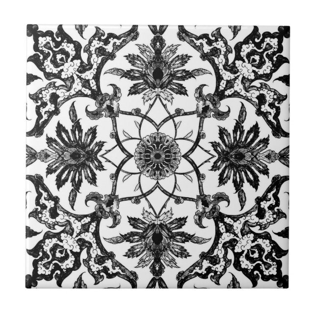 Art Nouveau Chinese Pattern - Black and White Tile (Front)