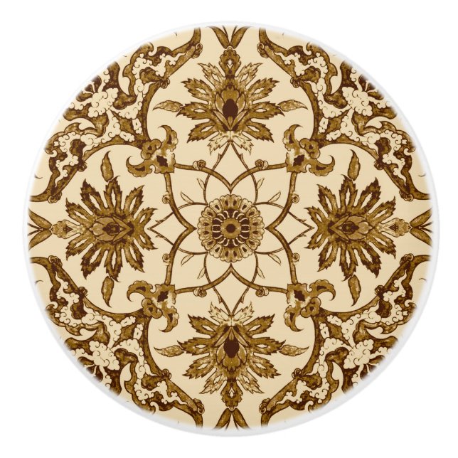 Art Nouveau Chinese Pattern - Brown and Beige Ceramic Knob (Front)