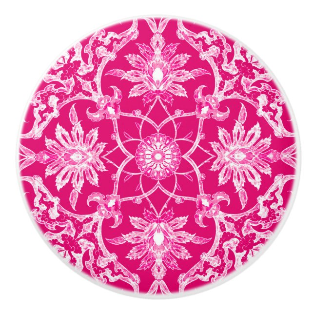 Art Nouveau Chinese Pattern - Fuschia Pink Ceramic Knob (Front)