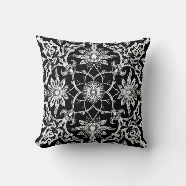Art Nouveau Chinese Pattern - White on Black Cushion (Front)