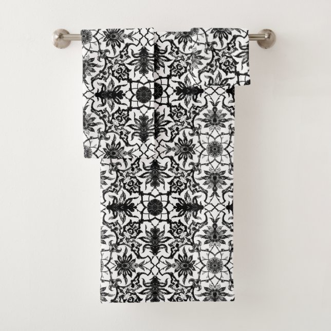 Art Nouveau Chinese Tile, Black and White Bath Towel Set (Insitu)