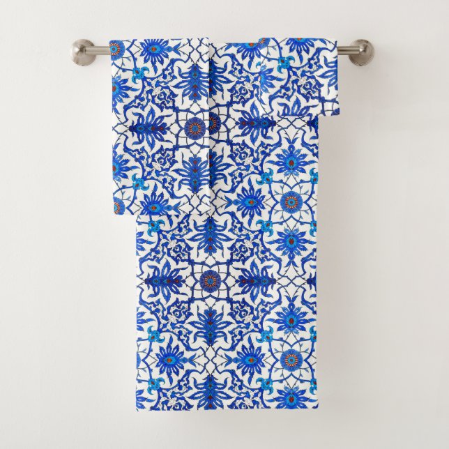 Art Nouveau Chinese Tile, Cobalt Blue & White Bath Towel Set (Insitu)