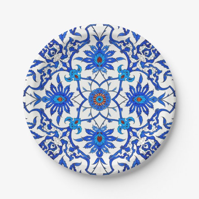 Art Nouveau Chinese Tile - Cobalt Blue & White Paper Plate (Front)