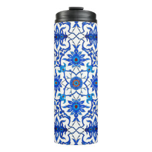 Art Nouveau Chinese Tile, Cobalt Blue & White Thermal Tumbler