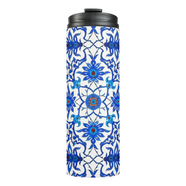Art Nouveau Chinese Tile, Cobalt Blue & White Thermal Tumbler (Front)