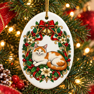 Art Nouveau Christmas Cat with Holly Wreath Ceramic Ornament