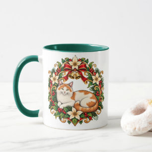 Art Nouveau Christmas Cat with Holly Wreath Mug