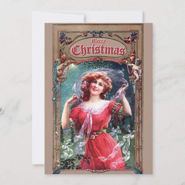 Art Nouveau Christmas Girl With Holly & Mistletoe Holiday Card (Front)
