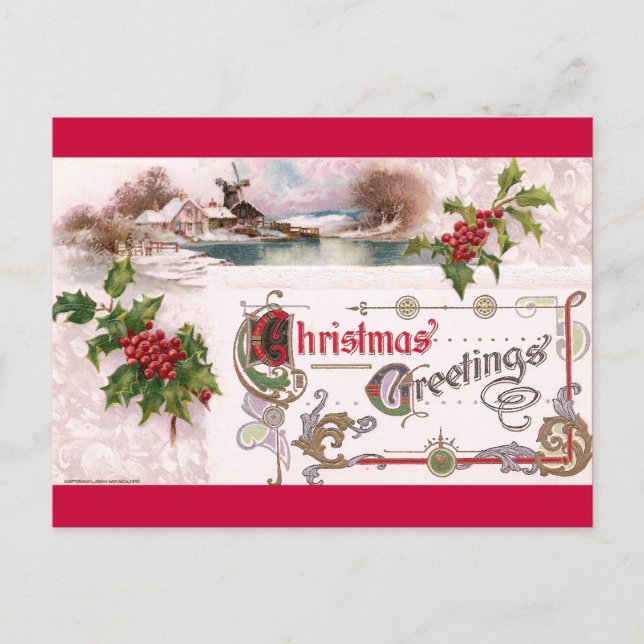 Art Nouveau Christmas Greetings with Holly Holiday Postcard (Front)