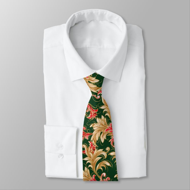 Art Nouveau Christmas Leaves Neck Tie (Tied)