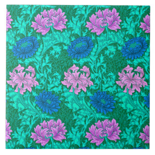Art Nouveau Chrysanthemums, Aqua and Violet Ceramic Tile