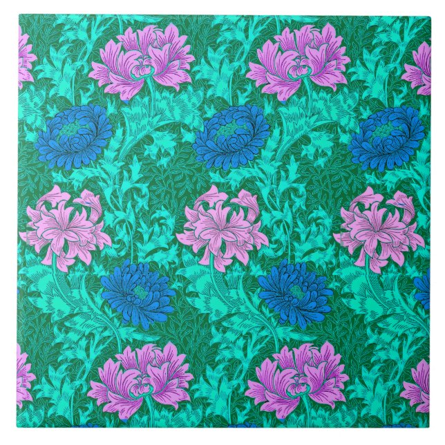 Art Nouveau Chrysanthemums, Aqua and Violet  Ceramic Tile (Front)