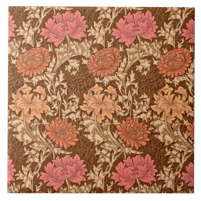 Art Nouveau Chrysanthemums, Brown and Rust Ceramic Tile (Front)