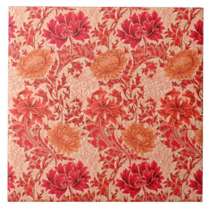 Art Nouveau Chrysanthemums, Coral Orange Ceramic Tile