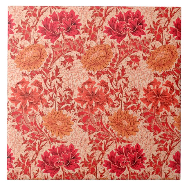 Art Nouveau Chrysanthemums, Coral Orange Ceramic Tile (Front)