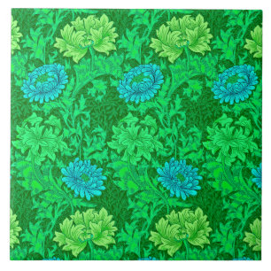 Art Nouveau Chrysanthemums, Lime Green & Aqua Ceramic Tile