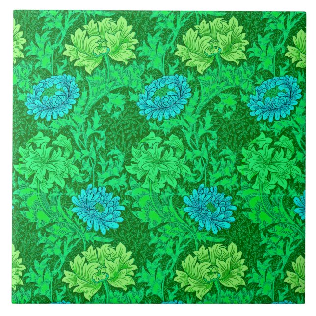 Art Nouveau Chrysanthemums, Lime Green & Aqua Ceramic Tile (Front)
