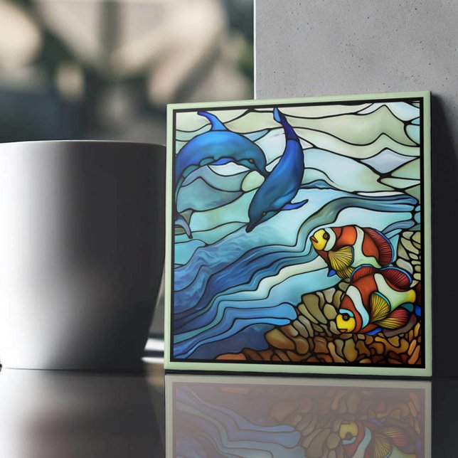 Art Nouveau Clown Fish and Dolphins Stained Glass Ceramic Tile (Creator Uploaded)
