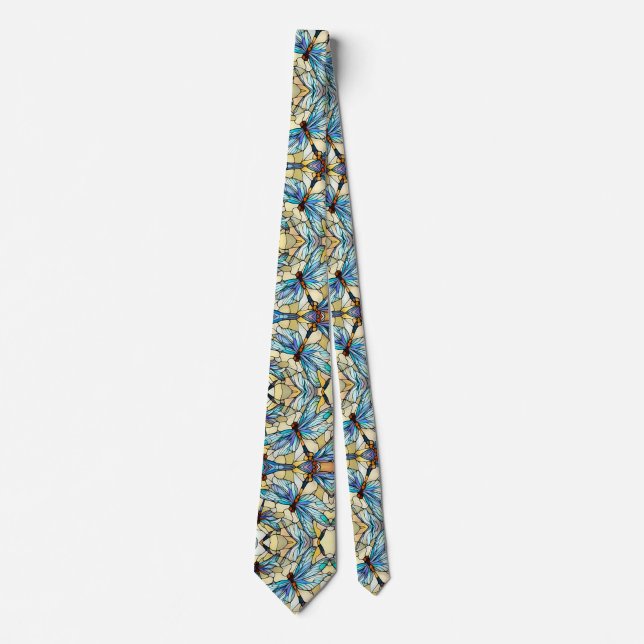 Art Nouveau Colorful Dragonfly Faux Stained Glass  Tie (Front)