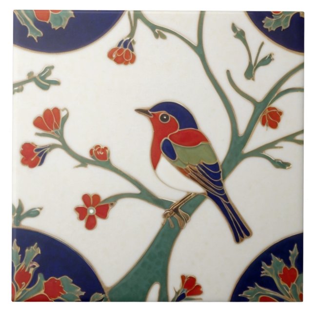 Art Nouveau Colourful Bird Art Deco Ceramic Tile (Front)