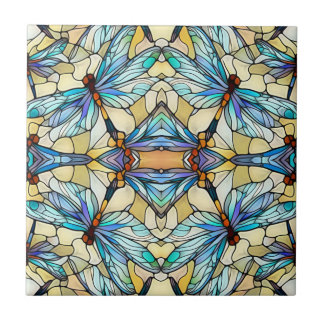 Art Nouveau Colourful Dragonfly Faux Stained Glass Ceramic Tile