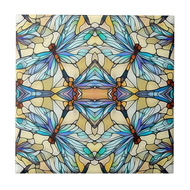 Art Nouveau Colourful Dragonfly Faux Stained Glass Ceramic Tile (Front)