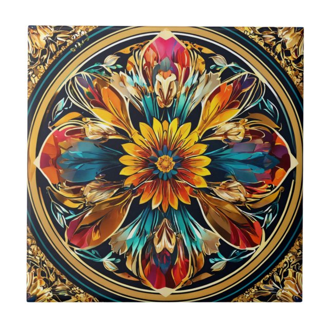 Art Nouveau Colourful Floral Ceramic Tile (Front)