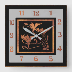Art Nouveau (Copper and Black) Square Wall Clock