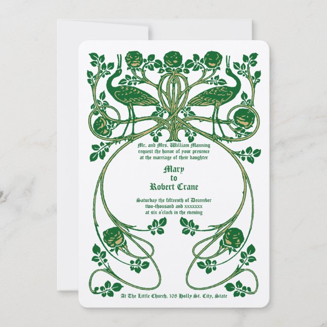 Art Nouveau Cranes in Rose Bush Wedding Invitation (Front)