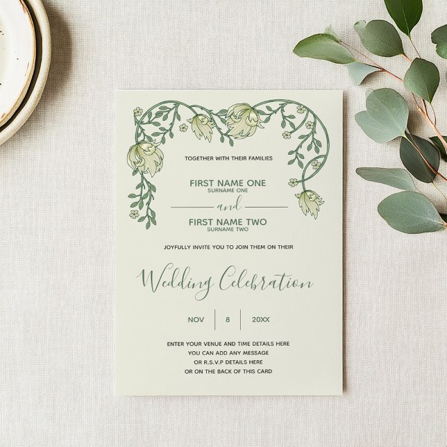 Art nouveau cream and green wedding invitation (Art nouveau wedding invitation with green script and vintage style floral top frame)