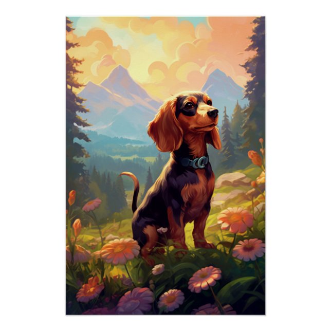 Art Nouveau Dachshund With Flowers Poster (Front)