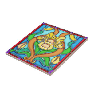 Art Nouveau Daffodil Stained Glass Ceramic Tile