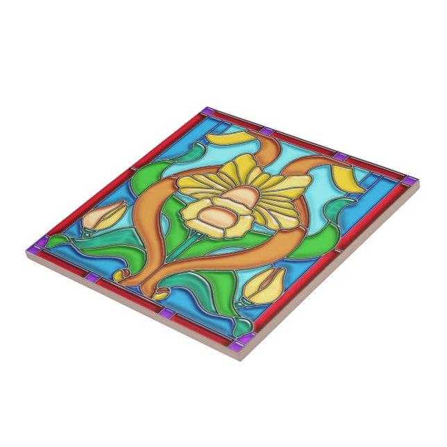 Art Nouveau Daffodil Stained Glass Ceramic Tile (Side)