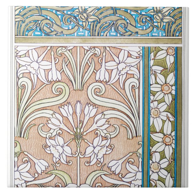 Art nouveau daffodil Verneui textile floral art Ceramic Tile (Front)