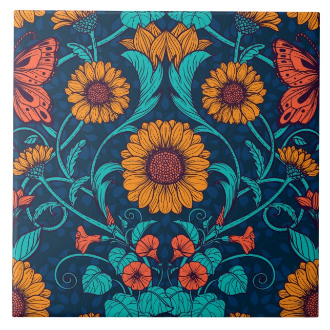 Art Nouveau daisies in blue and yellow Ceramic Tile (Front)